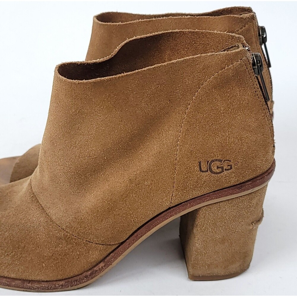 UGG Bootie Womens 7 Suede Ginger Chestnut Peep Toe Ankle Block Heel Boots - Picture 3 of 14